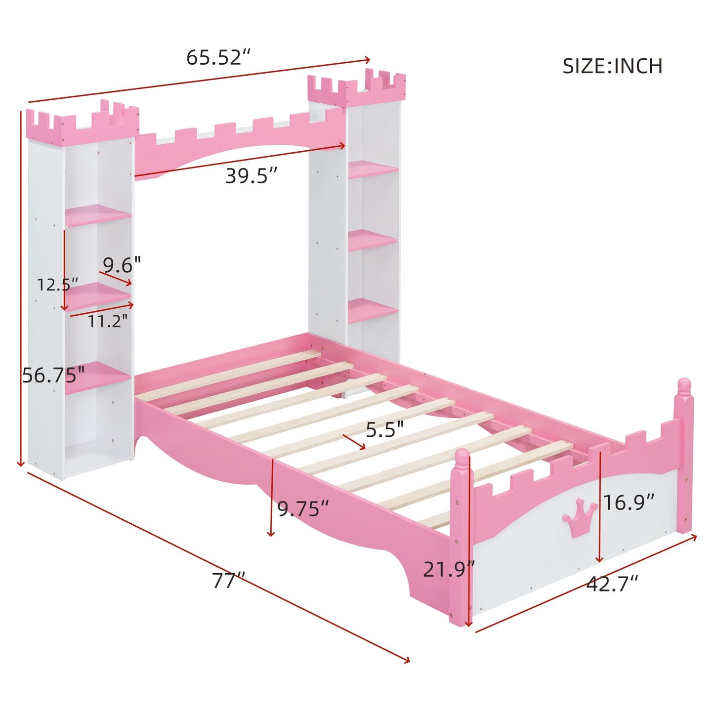 Castle Shaped Bed With Storage Shelf, Dreamy Twin Size Platform Bed For Kids Bedroom - White / Pink