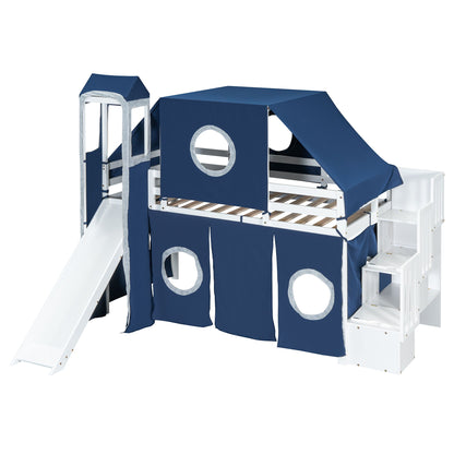 Twin Size Loft Bed With Tent And Tower - Blue