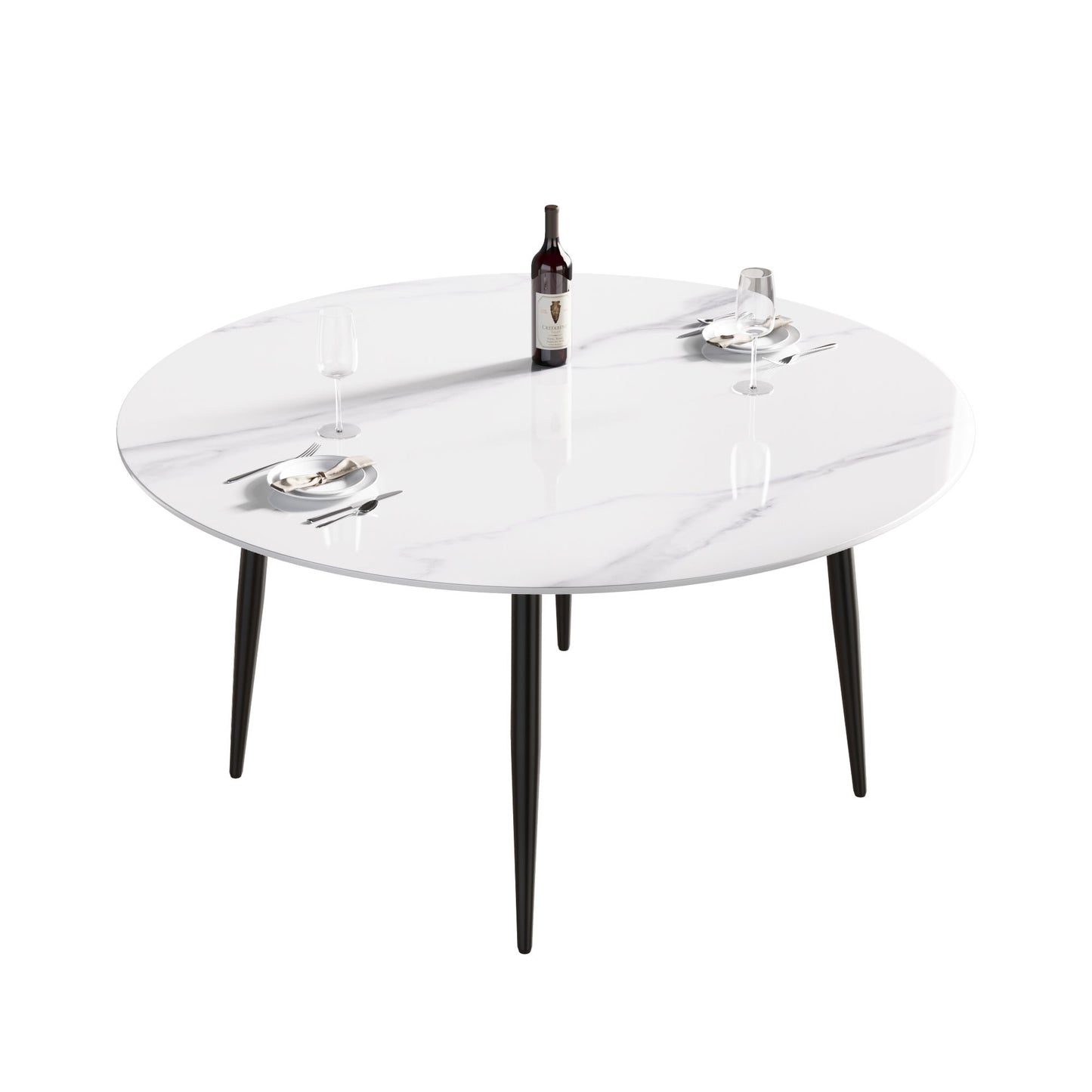 59.05" Modern Man-Made Stone Round Metal Dining Table-Position For 6 People - White / Black