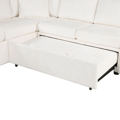 Sectional Sofa Pull-Out Sofa Bed Sleeper With A Storage Ottoman, Three Pillows And Charging Devices For Living Room - Cream