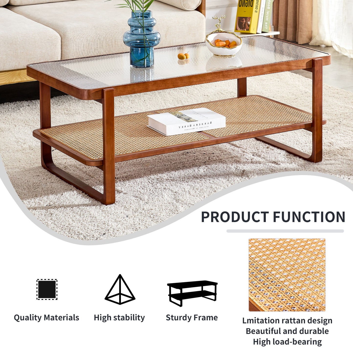 Modern Simple Rectangle Double Layer Solid Wood Glass Desktop Tea Table Rattan Woven Chinese Side Table Small Rectangle Table - Natural Wood