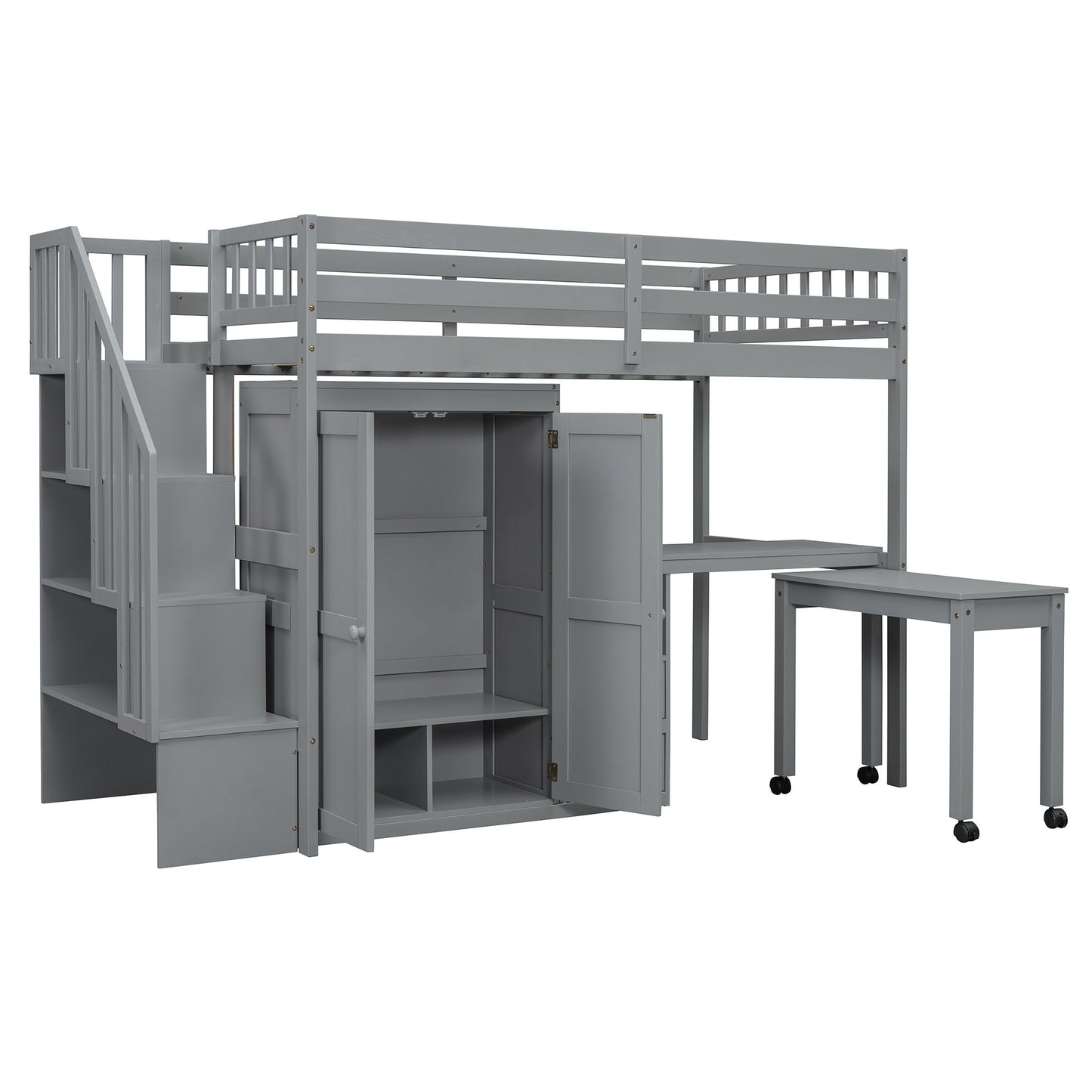 Twin Size Loft Bed With Stairs, Bookshelf, Drawers, Desk & Wardrobe, Space Saving Multifunctional Furniture - Gray