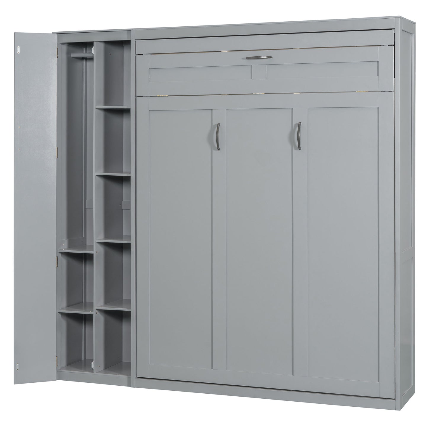 Full Size Murphy Wall Bed With Shelves, Wardrobe And LED Lights - Gray