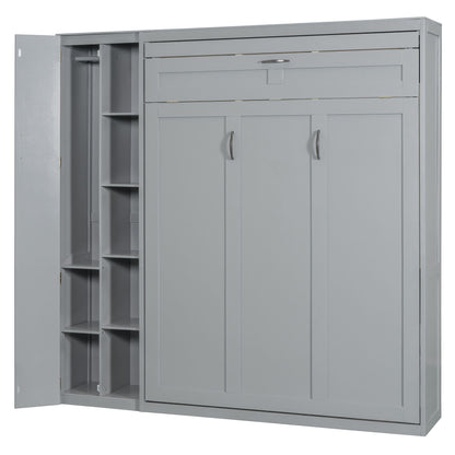 Full Size Murphy Wall Bed With Shelves, Wardrobe And LED Lights - Gray