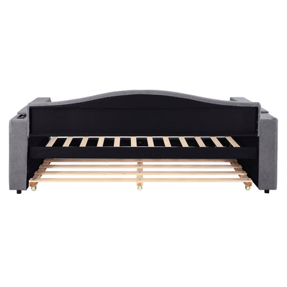Twin Size Upholstered Daybed With Storage Armrests, Trundle And Latest Integrated Bluetooth Audio System - Gray