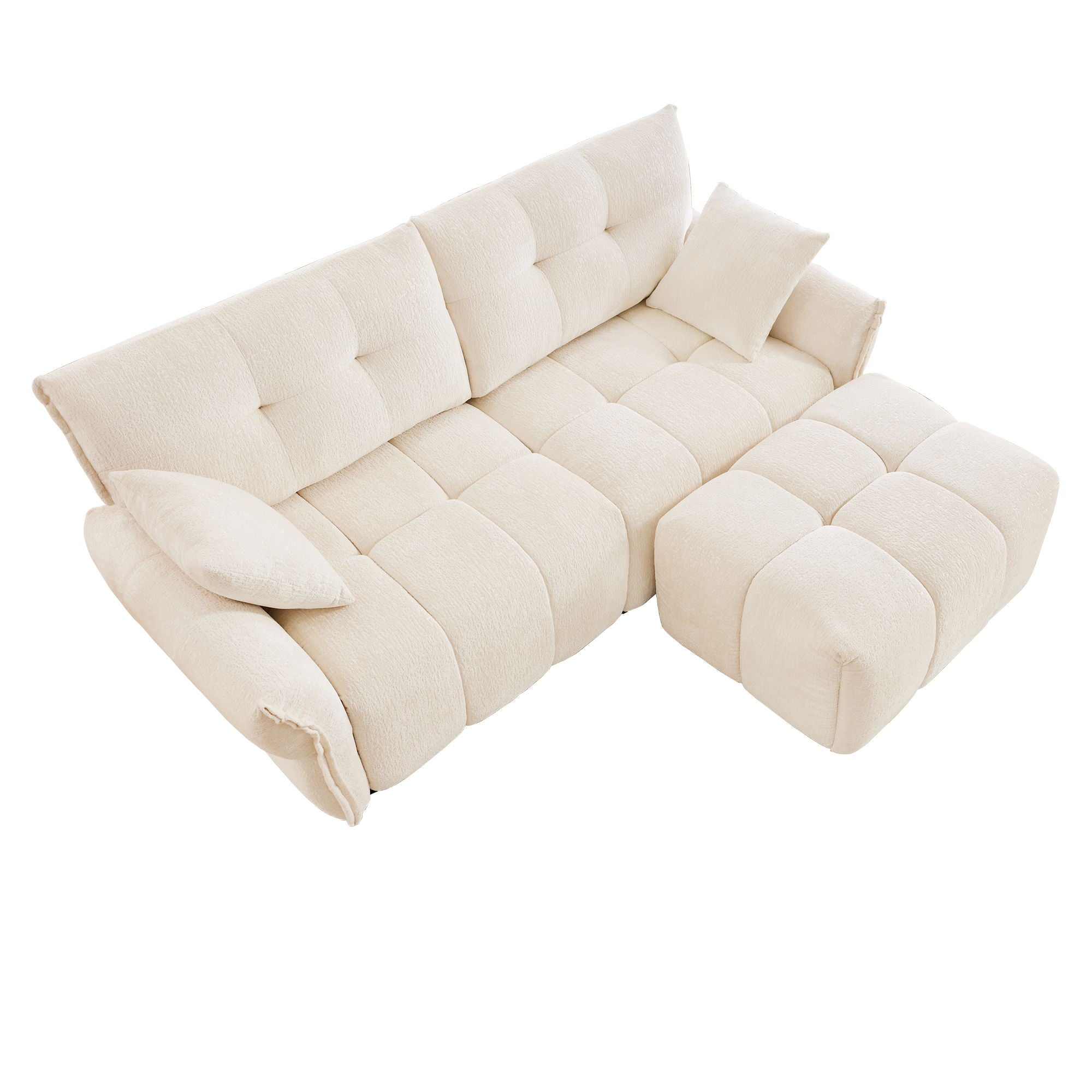 Modern Fabric 2 Seater Sofa With Ottoman Minimalist Design - White