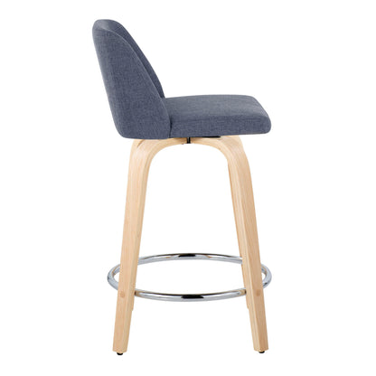 Toriano - Contemporary Fixed Height Counter Stool With Swivel With Round Footrest (Set of 2) - Natural / Blue
