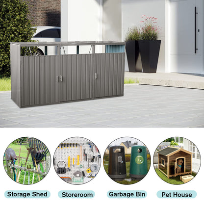 Garbage Bin Shed Stores 3 Trash Cans Metal Outdoor Bin Shed For Garbage Storage, Stainless Galvanized Steel, Bin Shed For Garden Yard Lawn - Gray