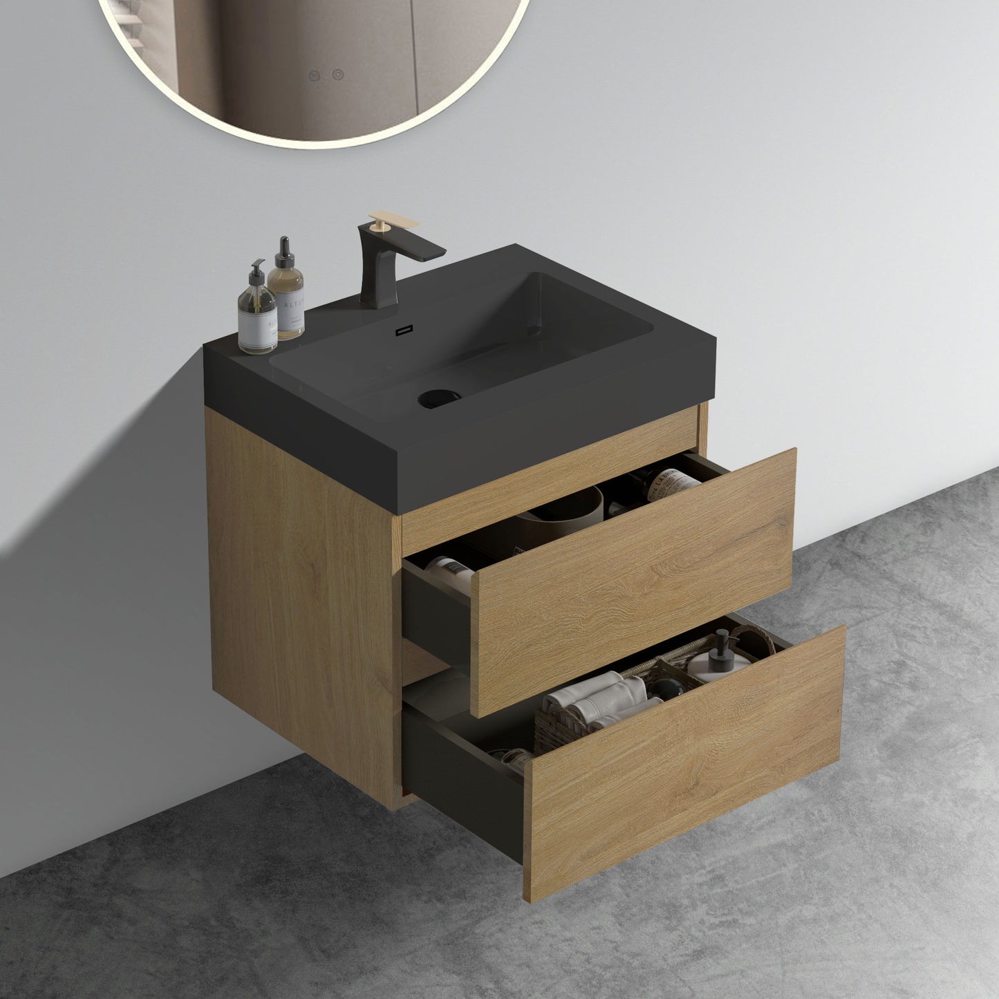 Alice - U090-Alice24W-106 Natural Oak Bathroom Vanity With Sink, Large Storage Wall Mounted Floating Bathroom Vanity For Modern Bathroom, One-Piece Black Sink Basin Without Drain - Light Oak