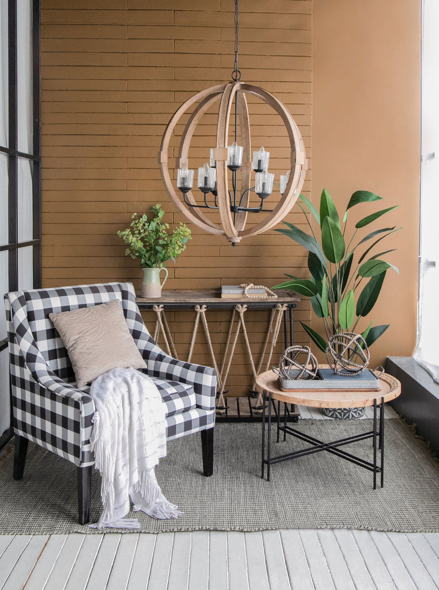 9 Light Globe Chandelier, Wood Chandelier Hanging Light Fixture With Adjustable Chain For Kitchen, Bulb Not Included - Brown