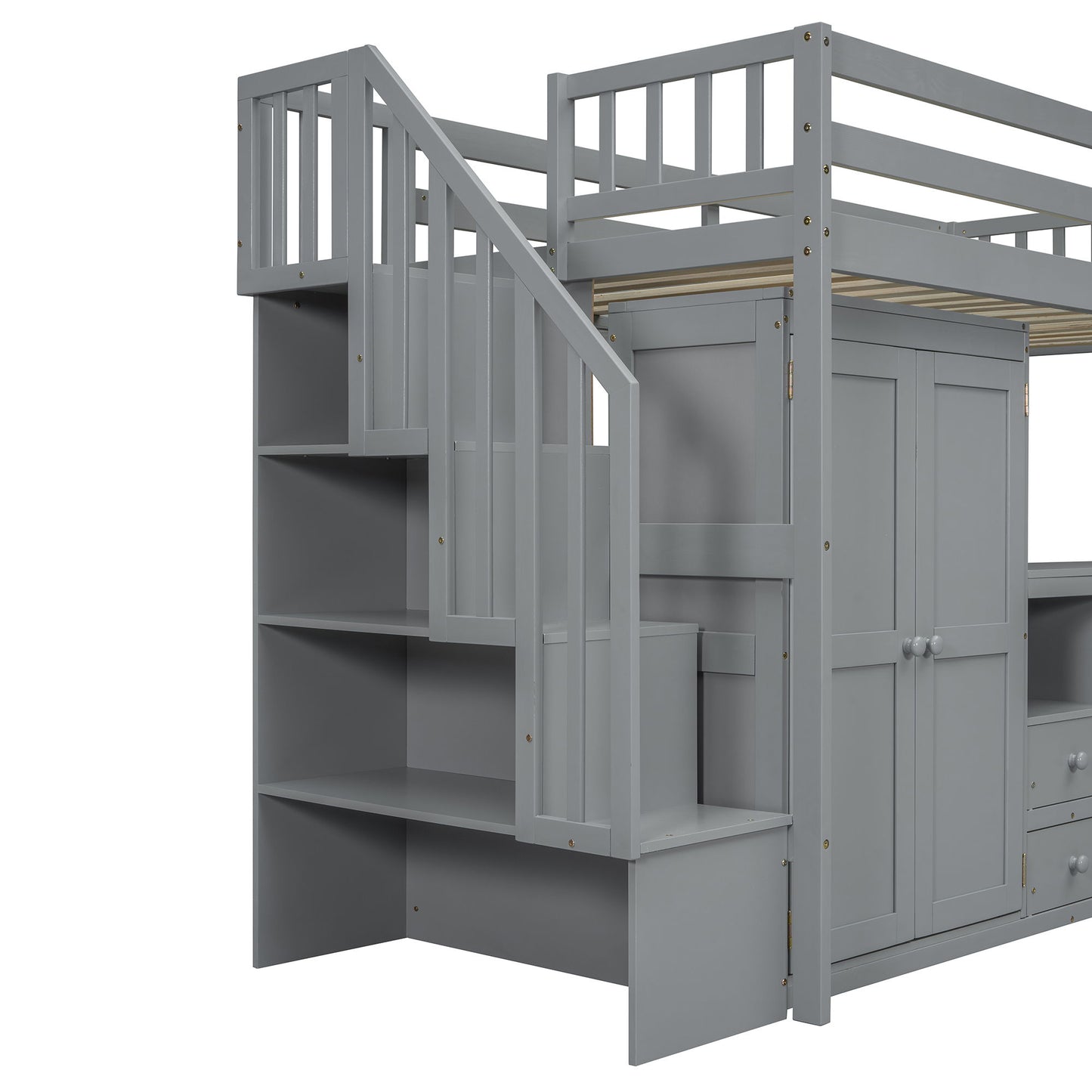 Twin Size Loft Bed With Stairs, Bookshelf, Drawers, Desk & Wardrobe, Space Saving Multifunctional Furniture - Gray