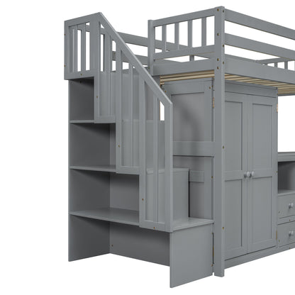 Twin Size Loft Bed With Stairs, Bookshelf, Drawers, Desk & Wardrobe, Space Saving Multifunctional Furniture - Gray