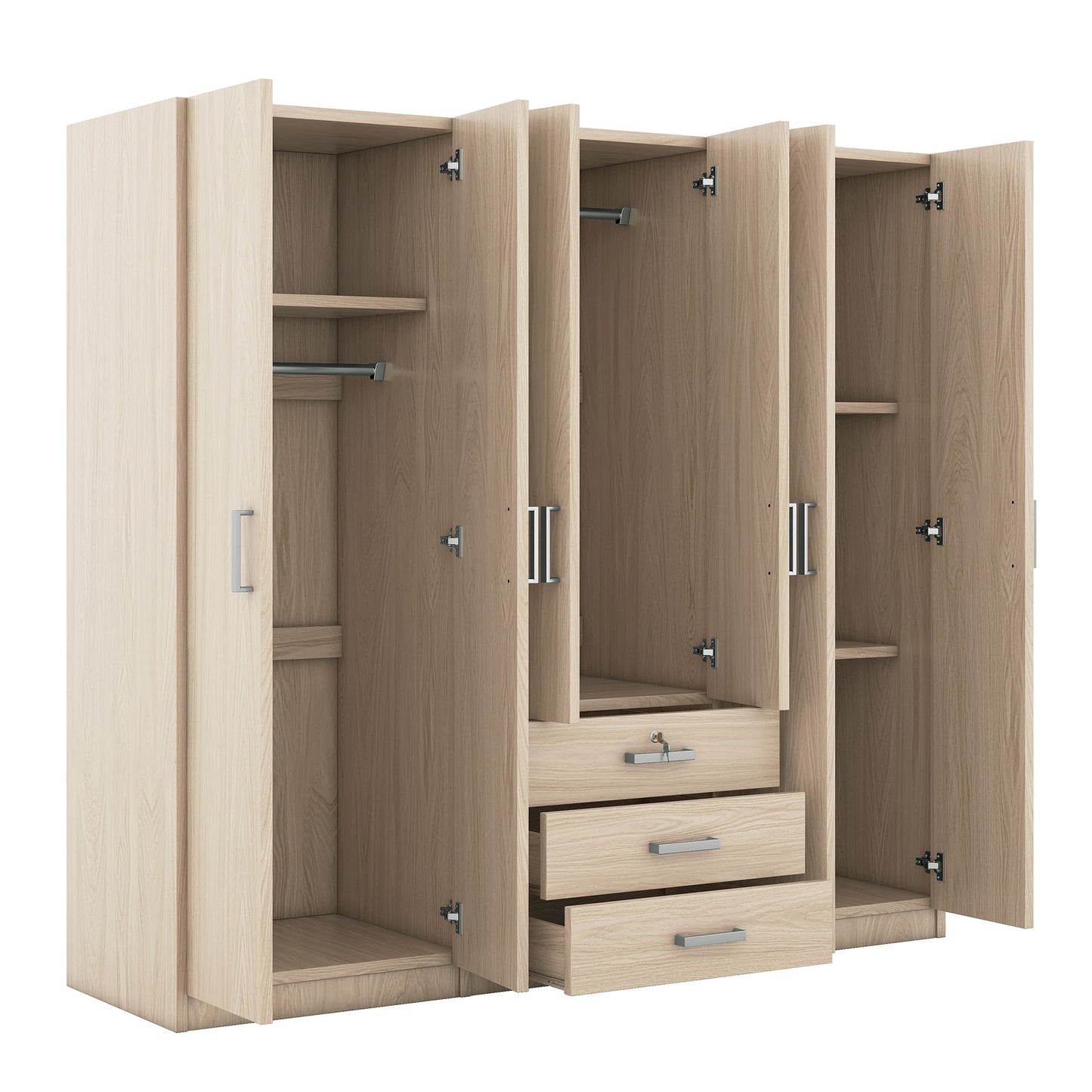 6 Doors Wardrobe Storage For Bedroom, With Big Drawers - Brown