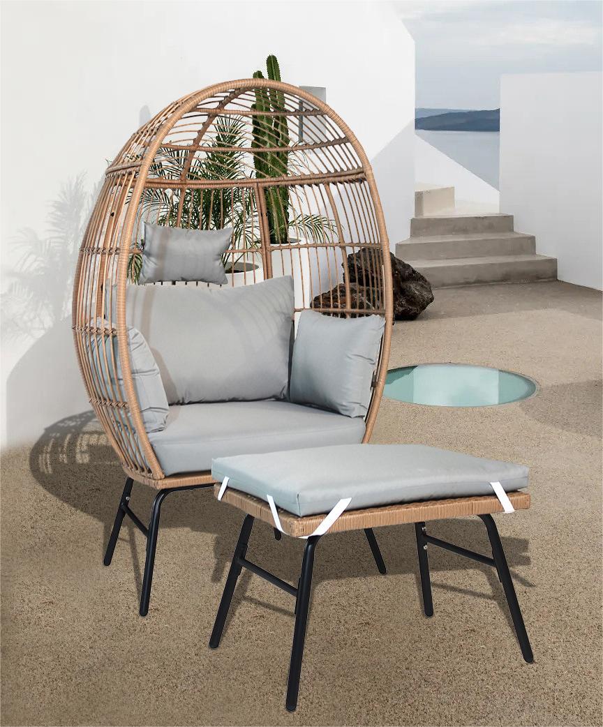 Outdoor Garden Wicker Egg Chair And Footstool Patio Chaise, With Cushions, Outdoor Indoor Basket Chair - Blue / Neutral