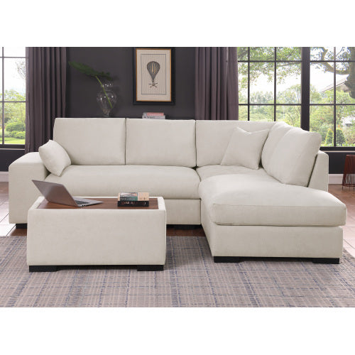 Joshua - Woven Fabric Sectional Sofa With Right Facing Chaise and Console Ottoman - Beige