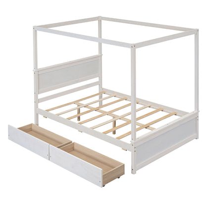 Full Size Canopy Platform Bed 2 Drawers With Support Slats, No Box Spring Needed - Brushed White