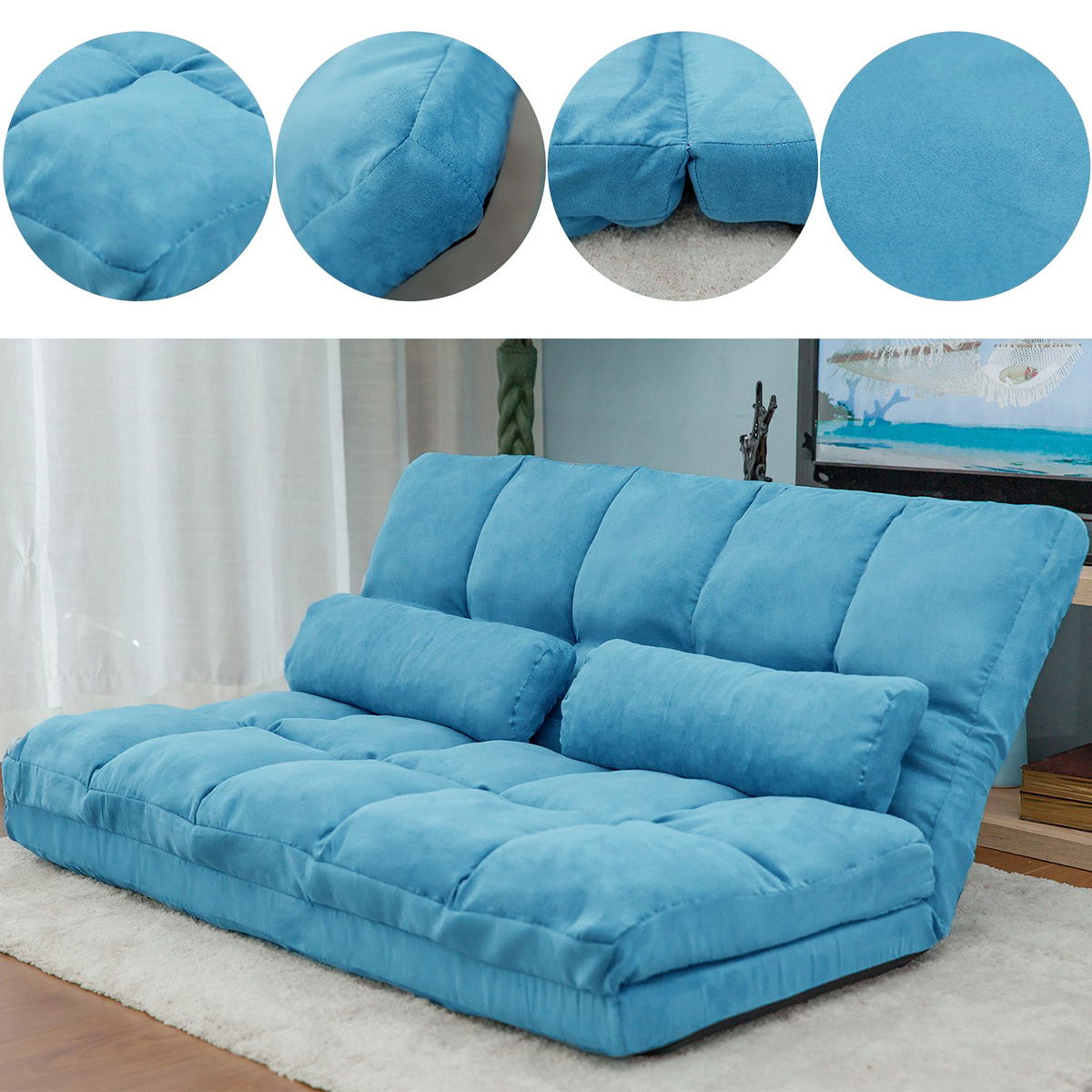 Double Chaise Lounge Sofa Floor Couch And Sofa With Two Pillows - Blue