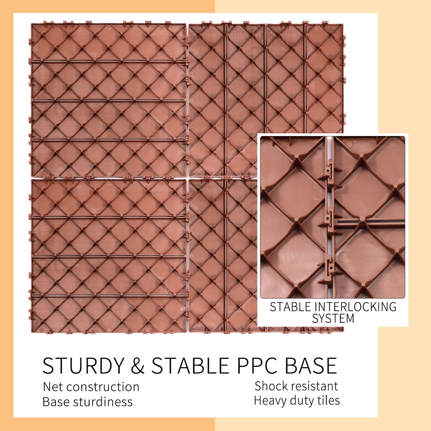 Plastic Interlocking Deck Tiles, (Set of 44), Patio Flooring Outdoor Waterproof All Weather Use For Garden Poolside Front / Back Yard - Mahogany