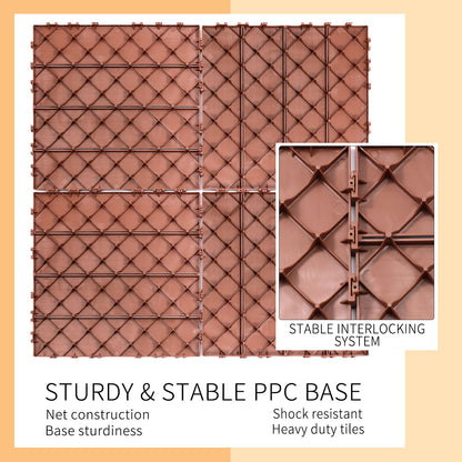 Plastic Interlocking Deck Tiles, (Set of 44), Patio Flooring Outdoor Waterproof All Weather Use For Garden Poolside Front / Back Yard - Mahogany