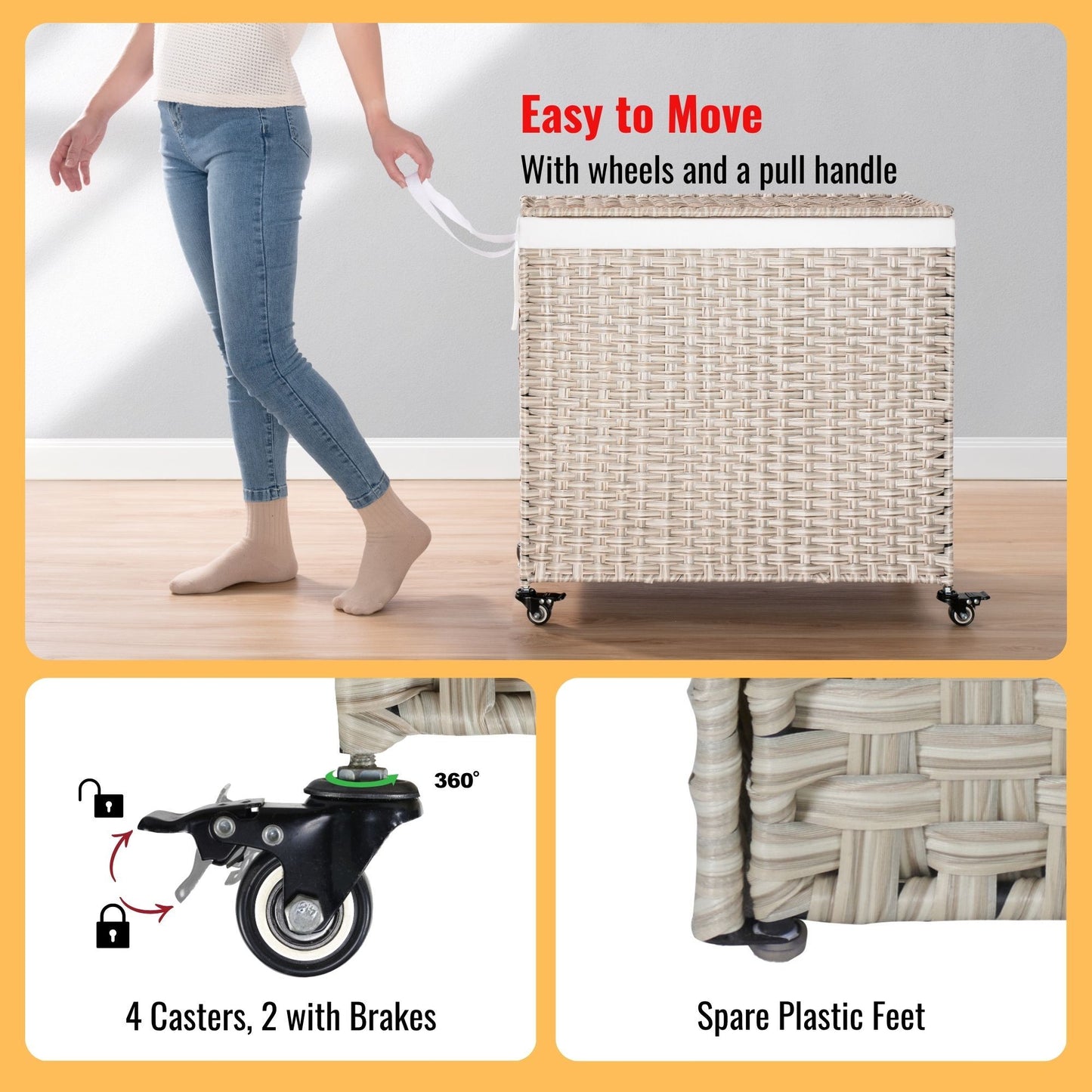 Laundry Hamper With Lid PE Rattan Powder Coating Frame Clothes Hampers With 2 Removable Bags, Wheels, 160L - Gray