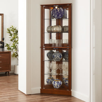 Corner Curio Dispaly Cabinet With Lights, Adjustable Tempered Glass Shelves, Mirrored Back (E26 Light Bulb Not Included) - Walnut