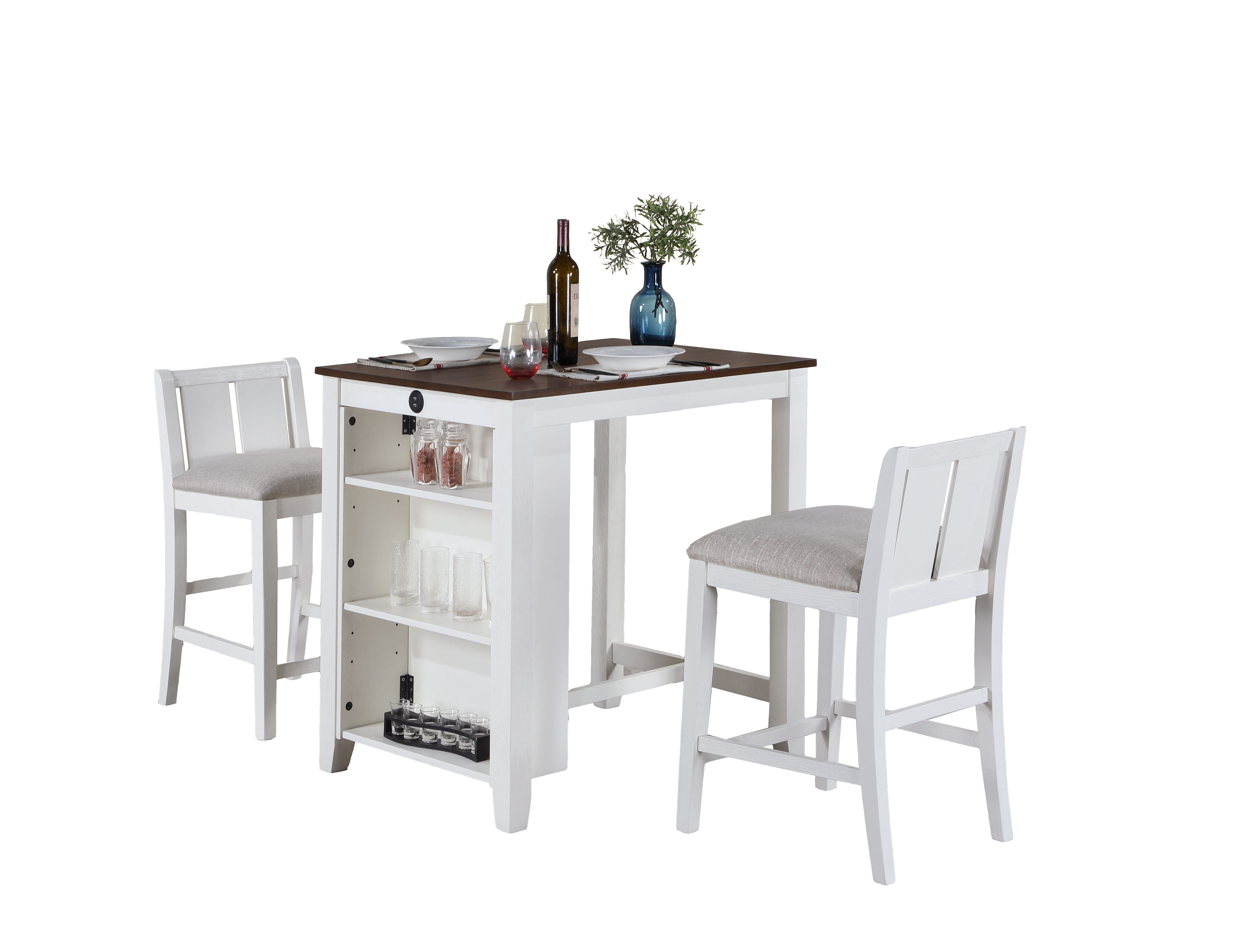 Graham - 3 Piece Small Space Counter Height Dining Table With Shelves And 2 Chairs (Set of 3) - White Finish