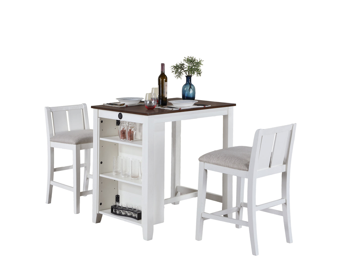 Graham - 3 Piece Small Space Counter Height Dining Table With Shelves And 2 Chairs (Set of 3) - White Finish