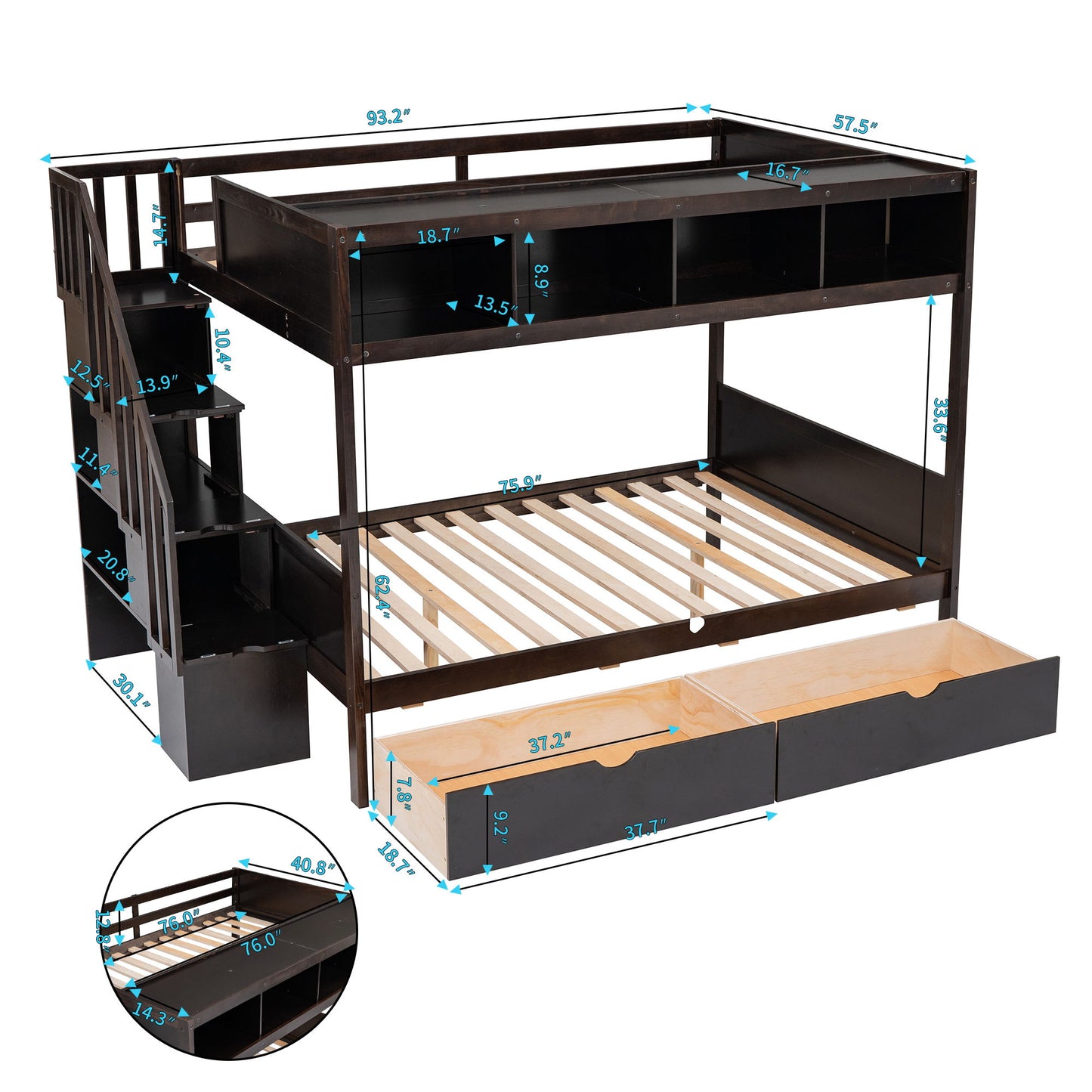 Twin Over Full Bunk Bed With Shelfs, Storage Staircase And 2 Drawers - Espresso