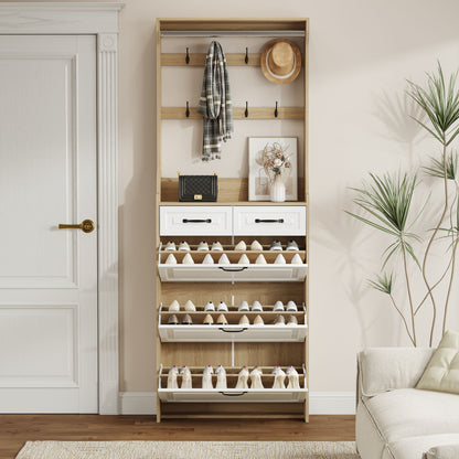 Shoe Cabinet With 3 Doors 2 Drawers With Hanger, Door With Shape, Large Space For Storage - White
