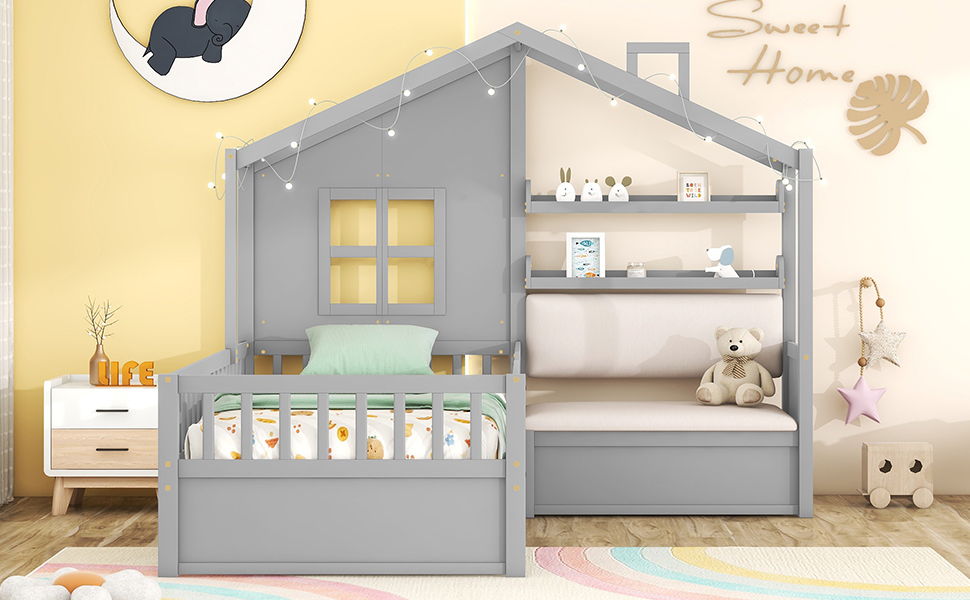 Twin Size House Bed With Sofa, Kids Platform Bed With 2 Drawers And Storage Shelf - Gray