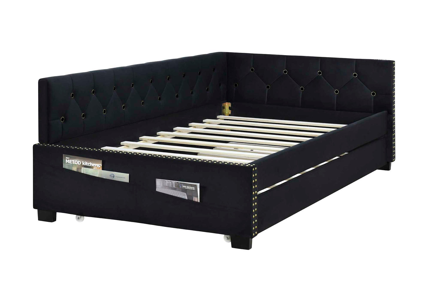 Upholstered Twin Size Daybed Bed Frame (Corner Bed) With Trundle, Velvet Fabric, Studding Design, No Box Spring Required - Black