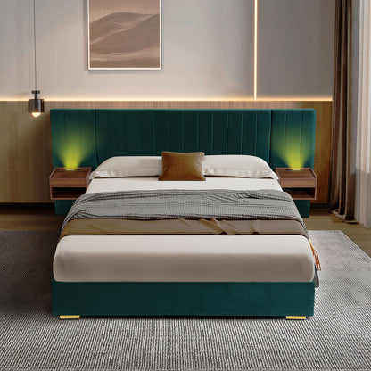 Upholstered Queen Size Bed Frame Of Velvet Tufted Headboard With Floating Nightstand LED / USB Built - Green