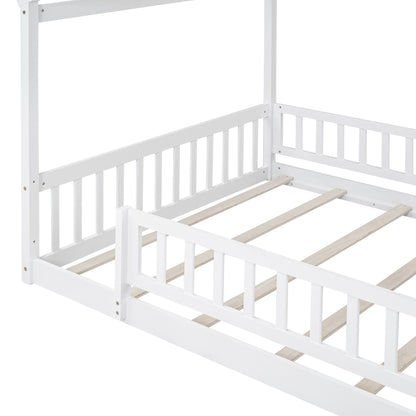 Full Size Bed House Bed Frame & Fence - White