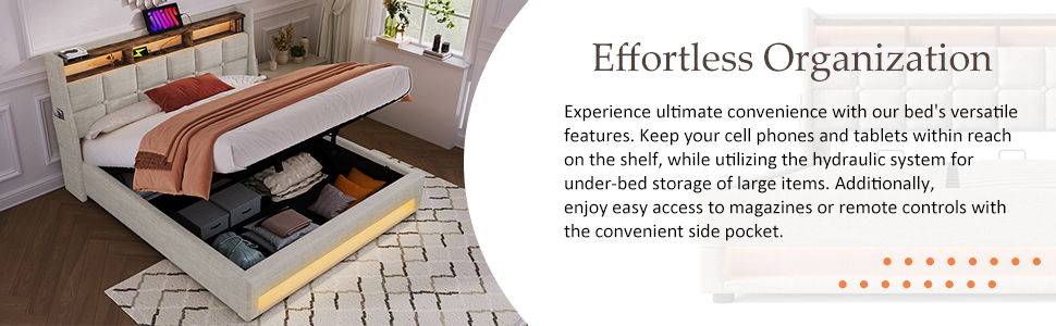 Full Size Upholstered Platform Bed With A Hydraulic Storage System, LED And USB Charging (Without Mattress) - Natural