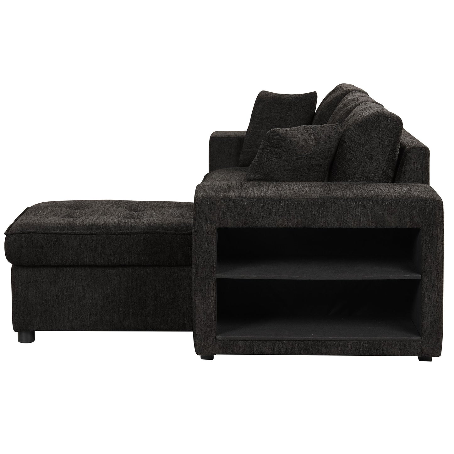 Modern L-Shape 3 Seat Reversible Sectional Couch, Pull Out Sleeper Sofa With Storage Chaise And 2 Stools For Living Room Furniture Set - Charcoal Gray