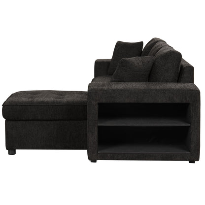 Modern L-Shape 3 Seat Reversible Sectional Couch, Pull Out Sleeper Sofa With Storage Chaise And 2 Stools For Living Room Furniture Set - Charcoal Gray