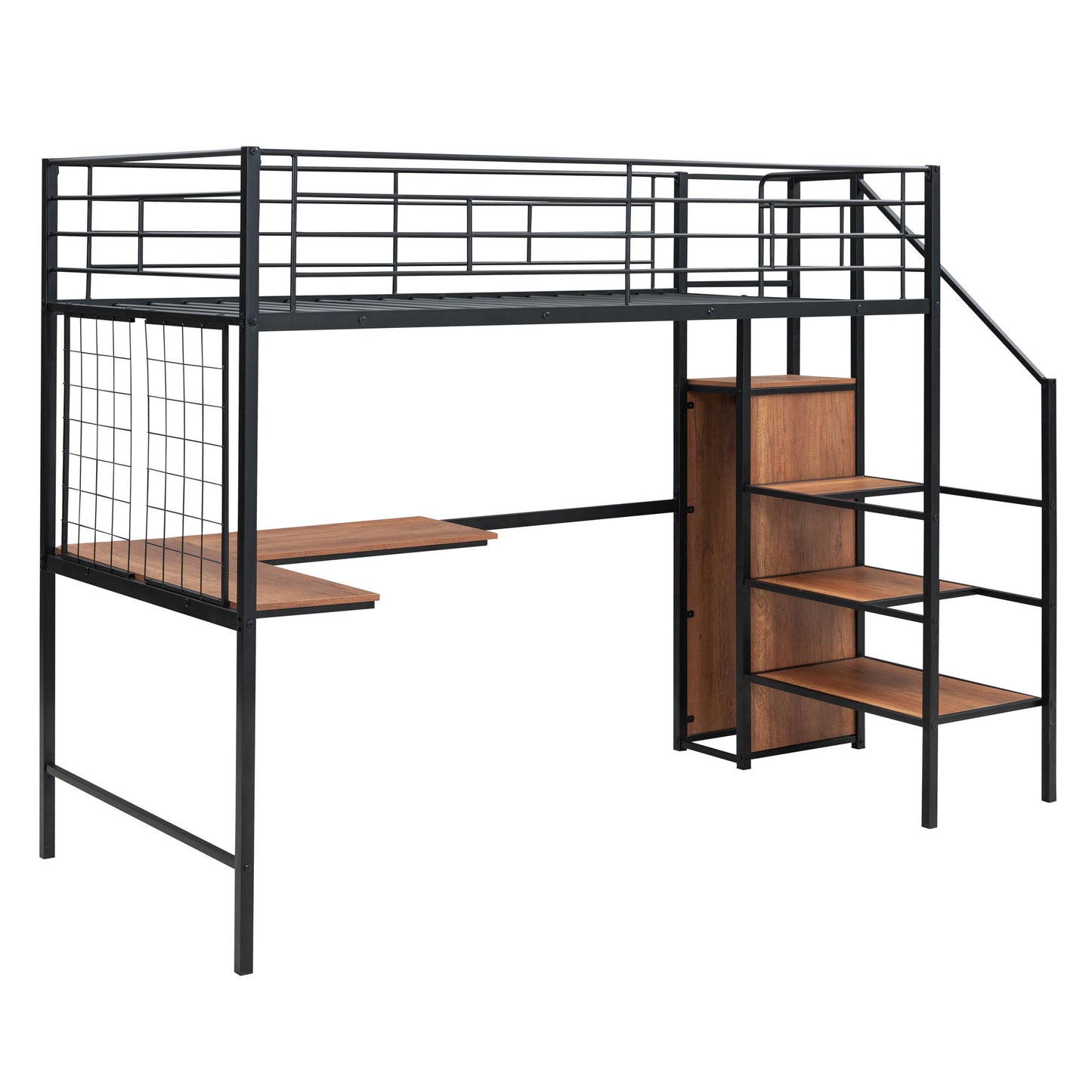 Twin Size Loft Bed With Desk And Grid, Stylish Frame With Lateral Storage Ladder And Wardrobe - Black