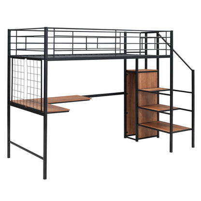 Twin Size Loft Bed With Desk And Grid, Stylish Frame With Lateral Storage Ladder And Wardrobe - Black