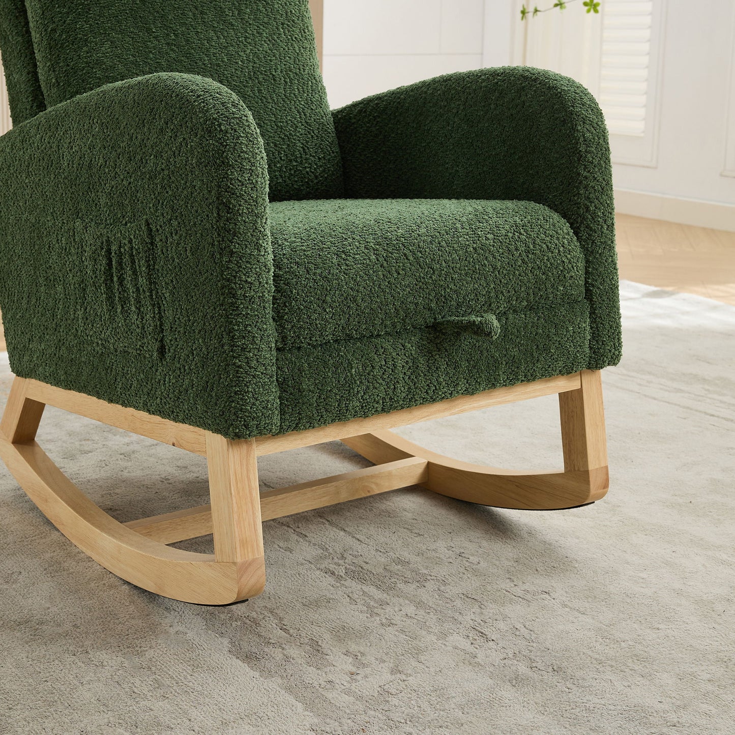 Boucle High Back Glider Rocking Chair With Retractable Footrest And Rubber Wood Legs For Nursery And Living Room - Green