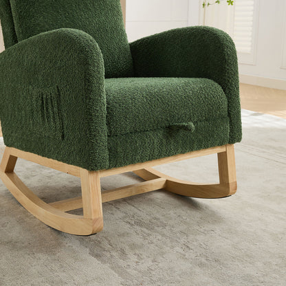 Boucle High Back Glider Rocking Chair With Retractable Footrest And Rubber Wood Legs For Nursery And Living Room - Green
