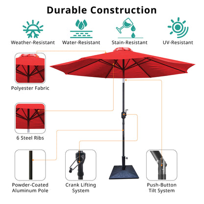 8.8' Outdoor Aluminum Patio Umbrella, Patio Umbrella, Market Umbrella With 42 Pound Square Resin Umbrella Base, Push Button Tilt And Crank Lift - Red