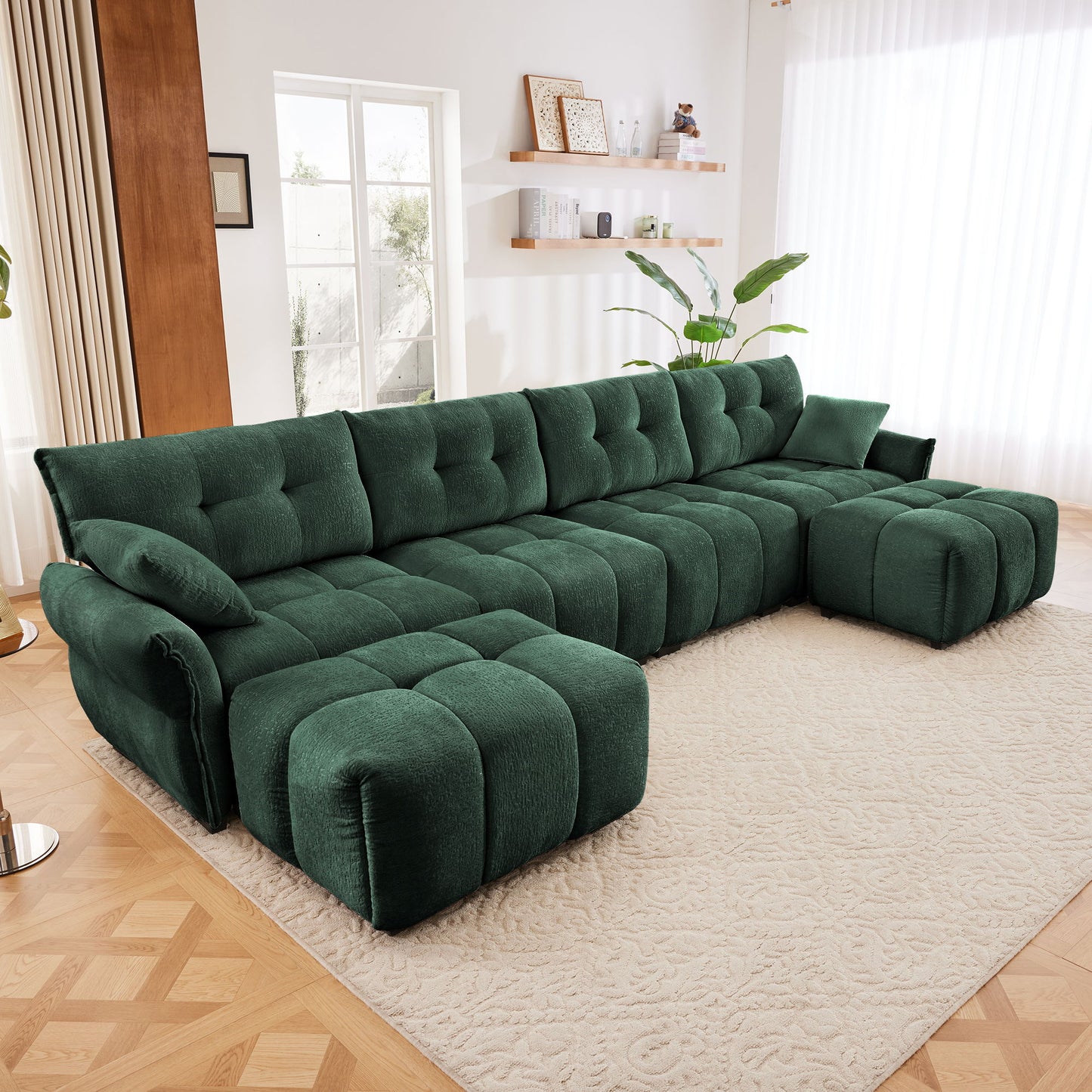 Modern Style 4 Seater Sofa Set With 2 Ottomans Frame - Premium Green