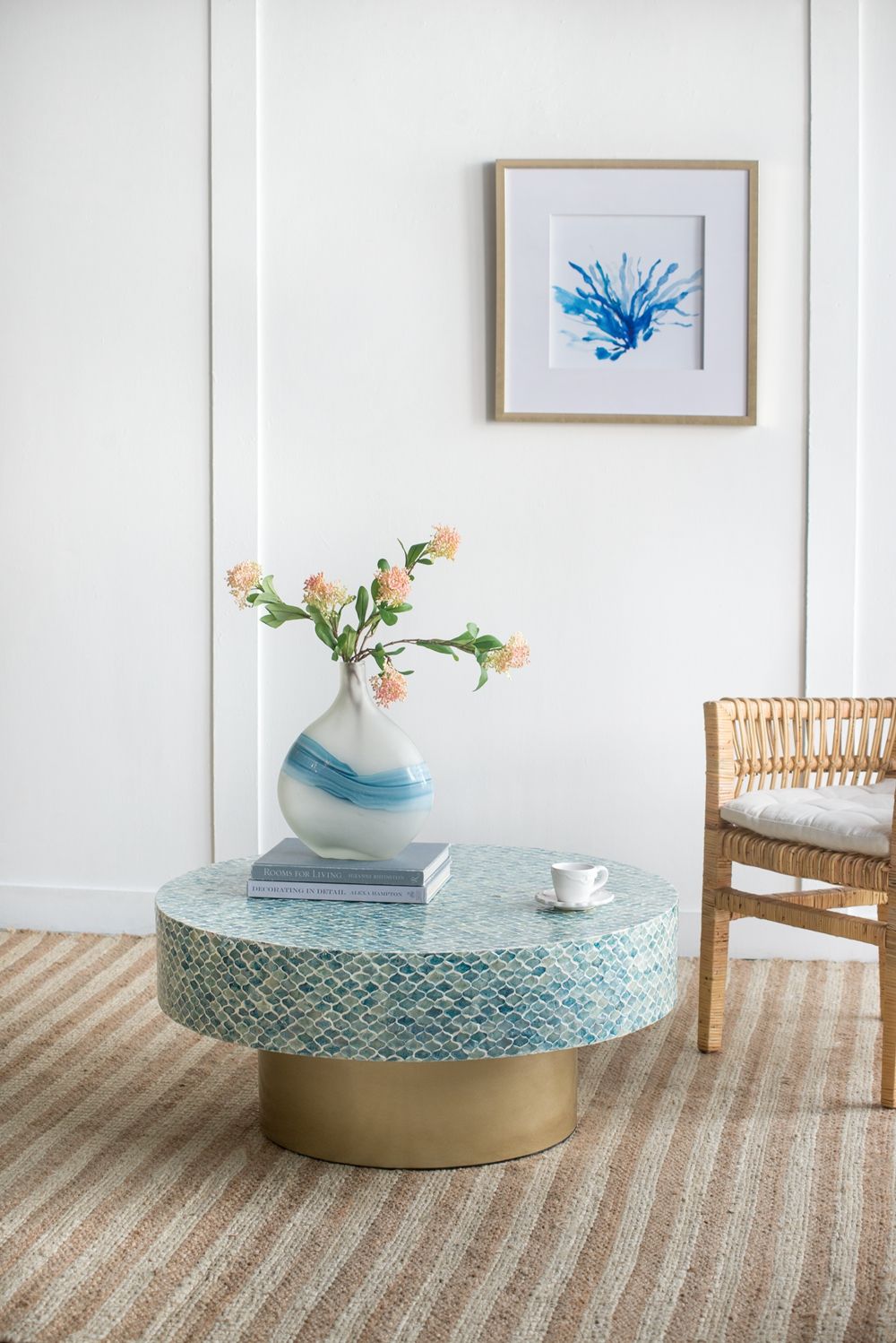 Unique Hyperion Capiz Inlay Drum Coffee Table With Pedestal Base - Multi