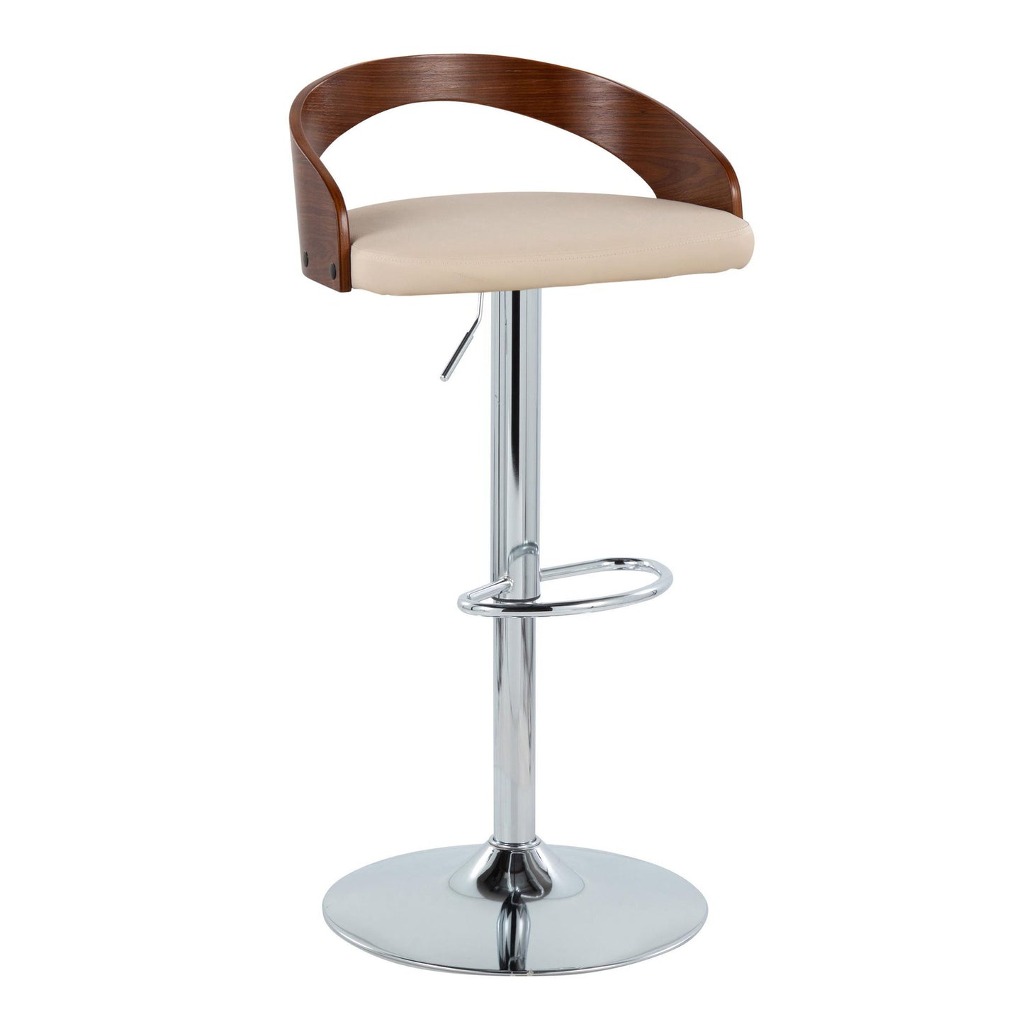 Grotto - Mid-Century Modern Adjustable Height Barstool With Swivel With Oval Footrest (Set of 2) - Chrome / Walnut / Cream