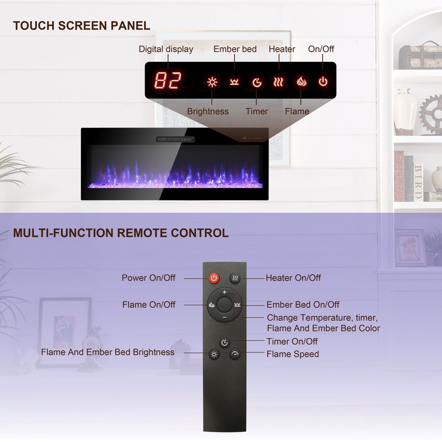 50" Electric Fireplace, Recessed And Wall Mounted Fireplace - Antique Black