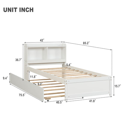 Twin Bed With Trundle, Bookcase - White