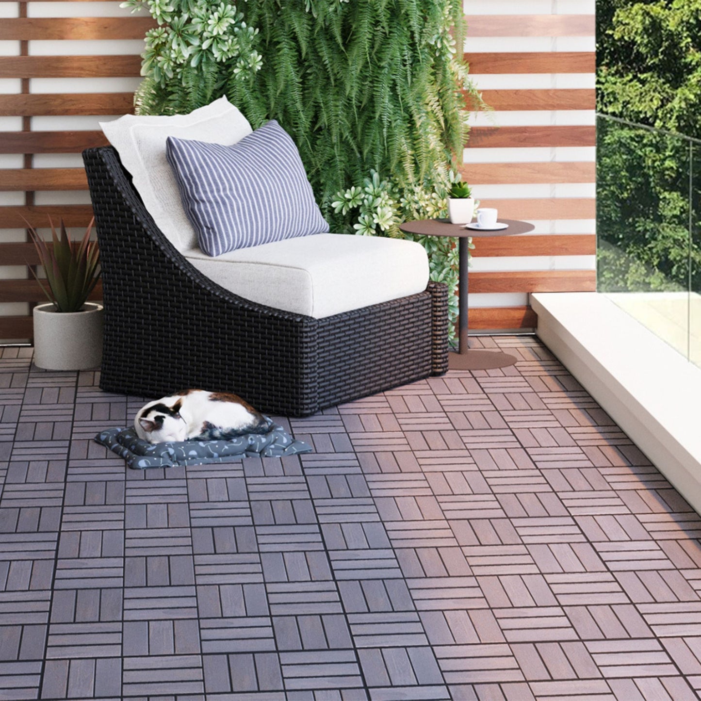 30 Piece Interlocking Deck Tiles Checker Pattern, Square Acacia Hardwood Outdoor Flooring For Patio, Bancony, Pool Side - Light Gray