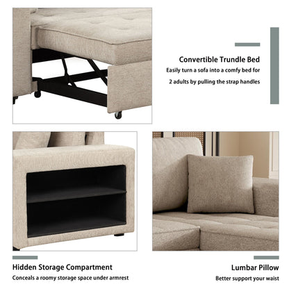 Modern L-Shape 3 Seat Reversible Sectional Couch, Pull Out Sleeper Sofa With Storage Chaise And 2 Stools For Living Room Furniture Set - Cream