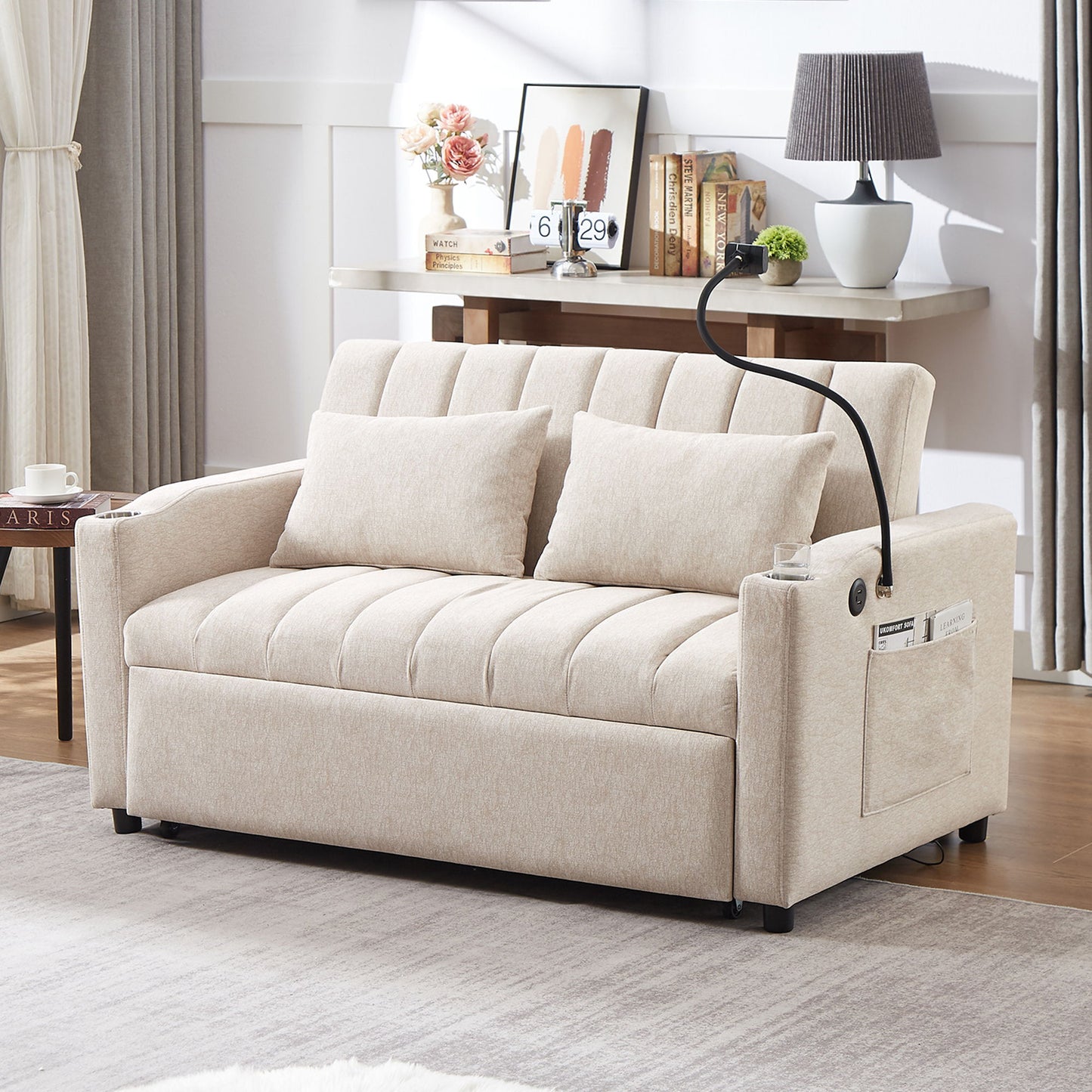 Convertible Sofa Bed Loveseat Sofa With Three USB Ports, Two Side Pockets, Two Cup Holders And 360ÔøΩÔøΩÔøΩÔøΩÔøΩÔøΩÔøΩÔøΩÔøΩÔøΩÔøΩÔøΩÔøΩÔøΩÔøΩÔøΩÔøΩÔøΩÔøΩÔøΩÔøΩÔøΩÔøΩÔøΩÔøΩÔøΩÔøΩÔøΩÔøΩÔøΩÔøΩÔøΩÔøΩ swivel Phone Holder For Living Room - Beige