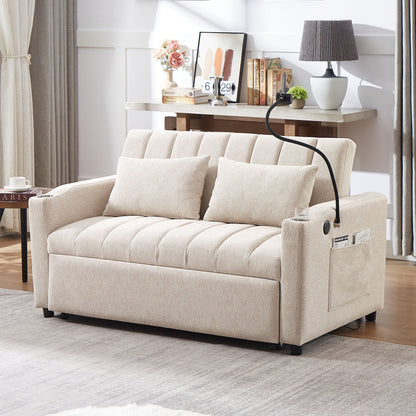 Convertible Sofa Bed Loveseat Sofa With Three USB Ports, Two Side Pockets, Two Cup Holders And 360ÔøΩÔøΩÔøΩÔøΩÔøΩÔøΩÔøΩÔøΩÔøΩÔøΩÔøΩÔøΩÔøΩÔøΩÔøΩÔøΩÔøΩÔøΩÔøΩÔøΩÔøΩÔøΩÔøΩÔøΩÔøΩÔøΩÔøΩÔøΩÔøΩÔøΩÔøΩÔøΩÔøΩ swivel Phone Holder For Living Room - Beige